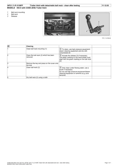 Exploded view of trailer hitch ball neck assembly with numbered cleaning steps in table format.