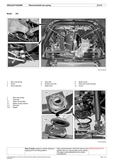 Technical diagram showing rear spring removal steps for Smart 453 with numbered callouts and detail views of spring components.