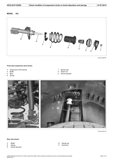 Exploded diagram and photos of suspension strut parts for Smart Fortwo 453 model.