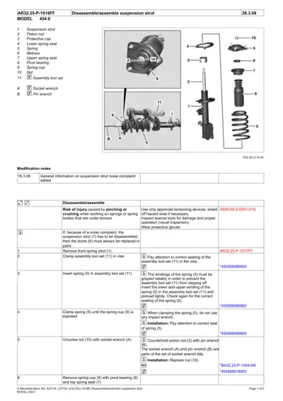 Exploded view of suspension strut components including piston rod, spring, bellows, and assembly tool set with numbered callout procedure.