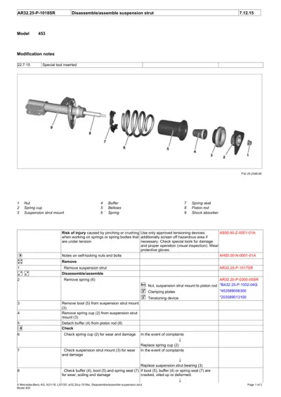 Exploded diagram of suspension strut parts numbered 1-9, with service table below listing removal and inspection steps.