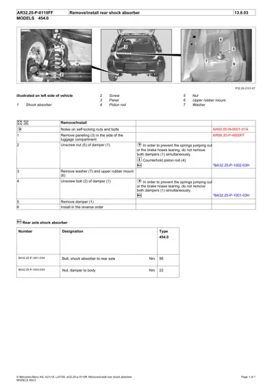 Service manual page showing rear shock absorber removal steps with three-part exploded view photos and parts table.