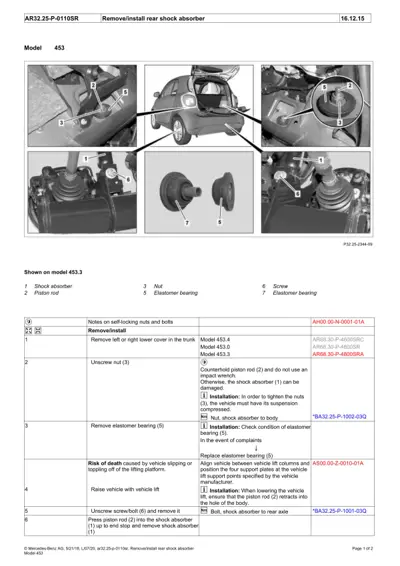 Smart 453 rear shock absorber service diagram showing removal sequence, piston rod, nuts, bearings, and exploded component views with numbered callouts.
