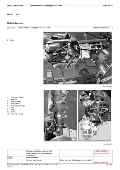 Three photographs showing suspension strut assembly, bracket connections, and fastener details for Smart Fortwo 453.