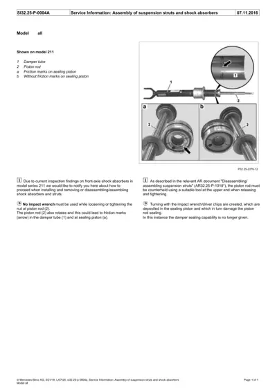 Shock absorber strut assembly showing damper tube, piston rod, and sealing piston friction marks with close-up detail.