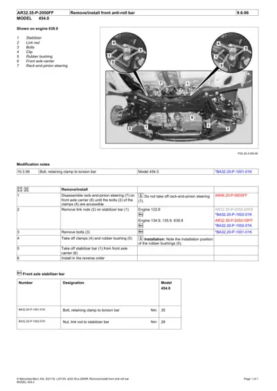 Front suspension anti-roll bar assembly diagram with labeled callouts and step-by-step removal procedure.