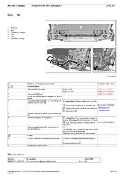 Exploded view of front stabilizer bar assembly showing stabilizer, nuts, linkage, bolts, and elastomer bearings.