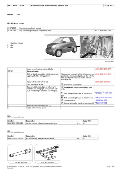 Service manual page showing stabilizer bar link rod components, vehicle diagram, and self-locking nuts for model 453.