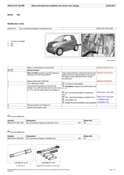 Service manual page showing Smart 453 torsion bar linkage components and assembly tools.