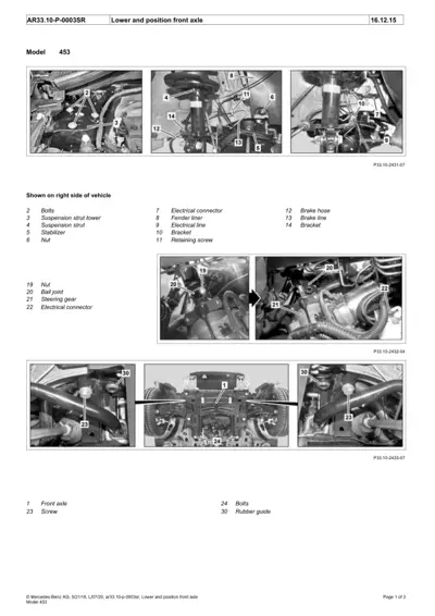 Technical diagram of 453 front axle showing numbered callouts for suspension and brake parts.