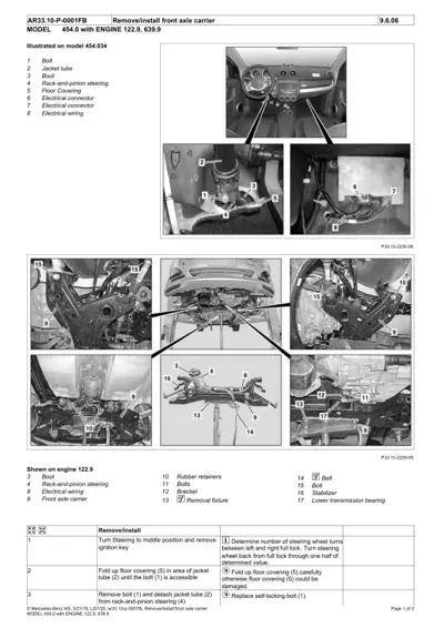 Service manual page showing steering assembly interior view and front axle carrier assembly with numbered callouts.