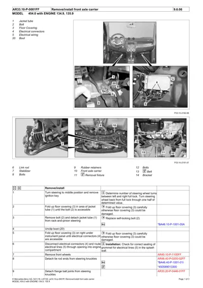 Workshop manual page showing front axle carrier removal steps with numbered callout photos and procedural table for Smart 454.