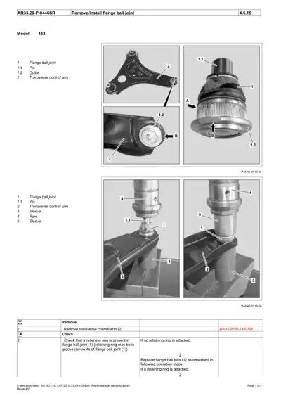 Flange ball joint assembly diagram showing pin, collar, transverse control arm, and installation steps for Smart 453.