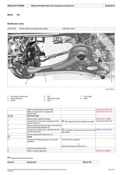 Exploded diagram of front suspension showing transverse control arm assembly and related components with callout labels.