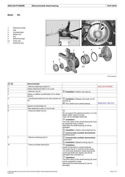 Exploded view diagram showing wheel bearing components, steering knuckle assembly, and numbered parts for model 453.