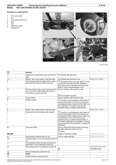 Technical diagram showing four photos of front suspension components with numbered callouts and step-by-step removal procedure table.