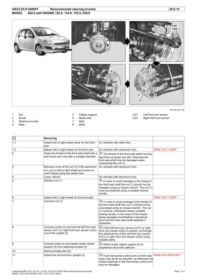 Smart Fortwo 454 front steering knuckle removal steps with labeled callouts and component photos.