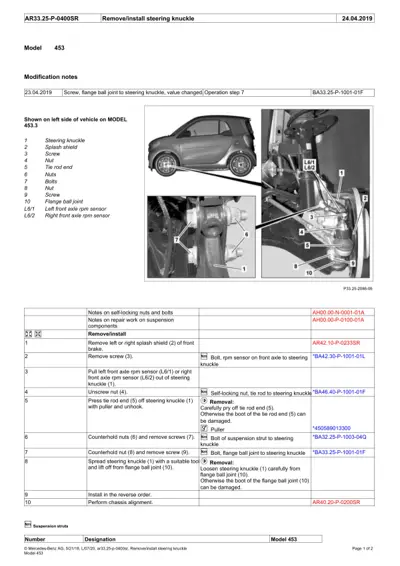 Service manual page showing steering knuckle components and step-by-step removal procedure for Smart Fortwo 453.