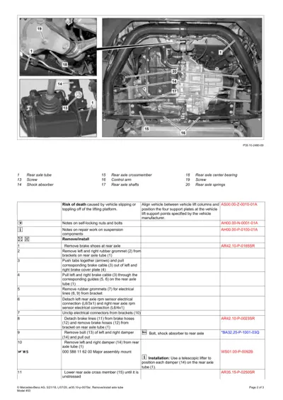 Rear axle assembly diagram with 8 labeled components and service procedure steps for Smart fortwo 453.