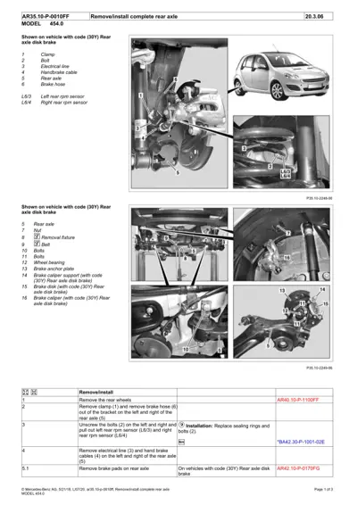 Rear axle assembly diagram showing clamps, bolts, brake hoses, electrical lines, and RPM sensors for Smart 454.