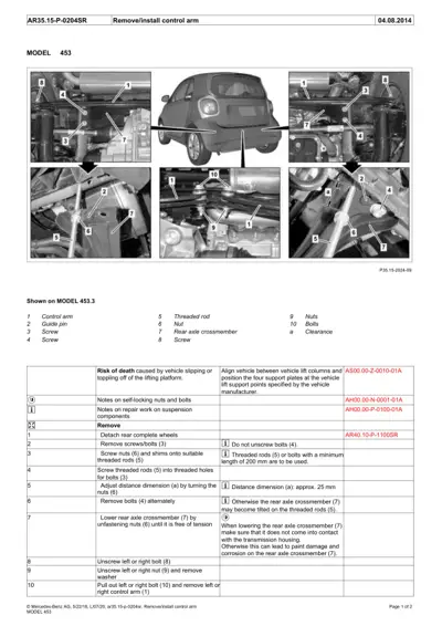 Technical diagram showing control arm service locations on Smart 453 chassis with callout labels and service table.