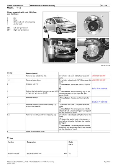 Wheel hub and bearing removal diagram for Smart Fortwo 454 model showing callout locations.