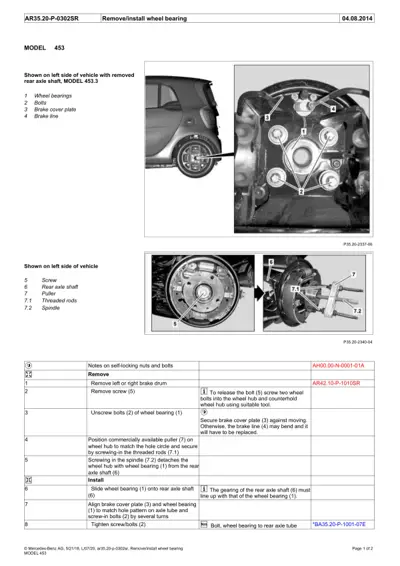 Exploded diagrams showing wheel bearing, bolts, brake cover plate, and rear axle shaft components for Smart Fortwo 453.