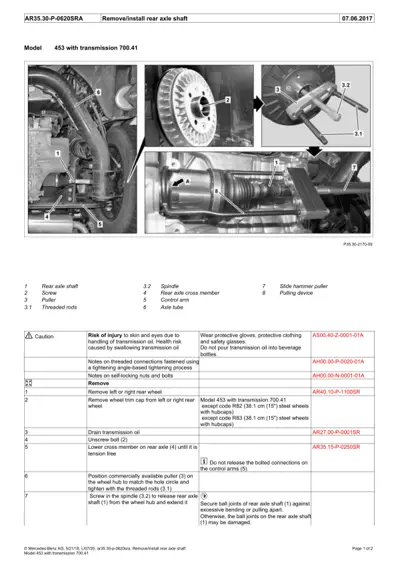 Technical service diagram with numbered callouts showing rear axle shaft removal steps and components for Smart 453 model.