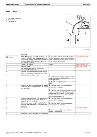 Diagram showing tire sealant drainage procedure with labeled components and step-by-step instructions.