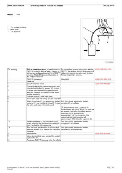 Diagram showing tire sealant container, drain hose, and valve assembly for Smart Fortwo 453.