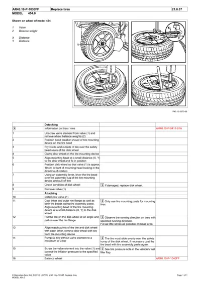 Diagram of tire removal and installation with numbered callout steps for Smart 454 wheel service.