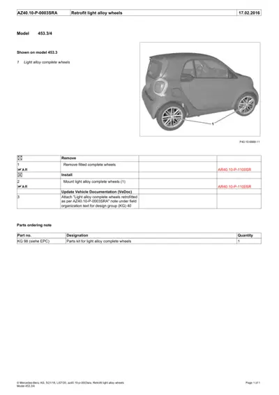 Service manual page showing light alloy wheel retrofit procedure with numbered callouts on vehicle image.
