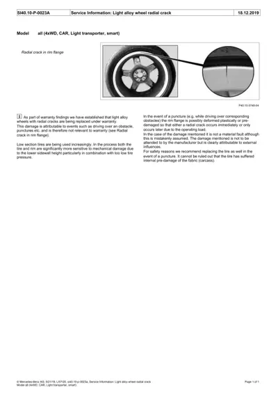 Close-up wheel image showing radial crack in rim flange with magnified detail callout.