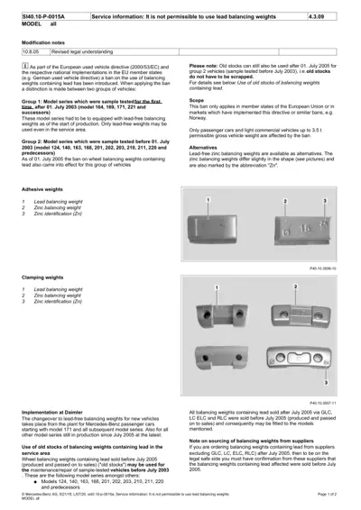 Technical diagrams of adhesive and clamping wheel balancing weights with numbered callouts identifying lead weights, zinc weights, and zinc identification markings.
