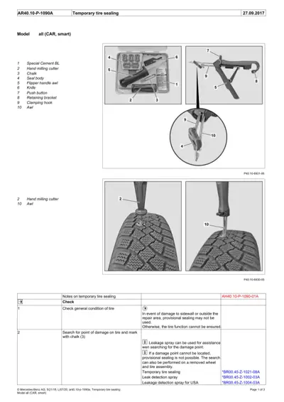 Tire sealant kit contents and step-by-step instructions for applying emergency tire seal to damaged tire.