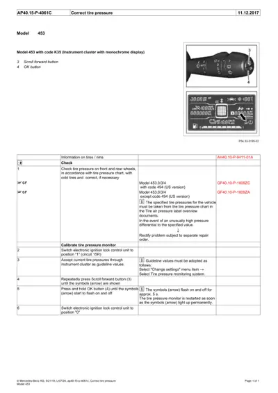 Steering column stalk and instrument cluster display showing tire pressure monitoring system calibration steps.