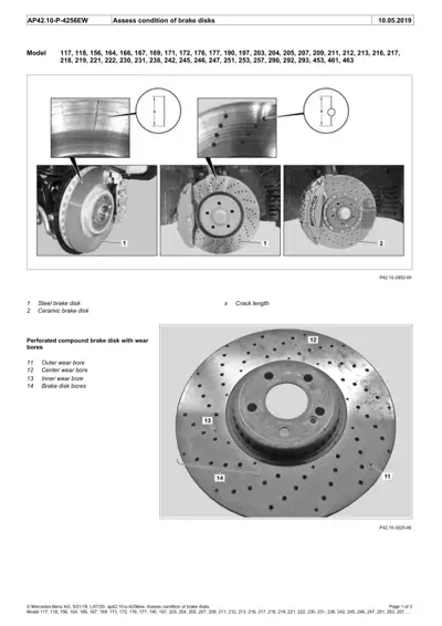 Three brake disk types compared with close-up wear surfaces and cross-section diagram showing perforation holes.