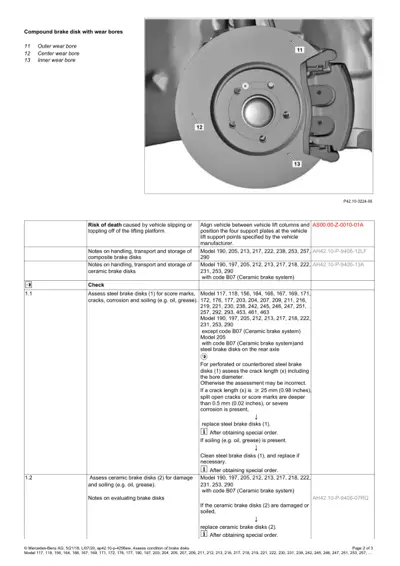 Brake disk diagram with three numbered callout points indicating wear bore locations for inspection.
