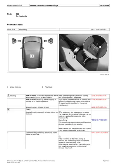 Service manual page showing Smart 453 front brake pads inspection using flashlight and mirror method.