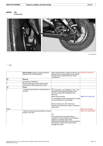 Smart 453 rear brake lining inspection photos and service procedure table with numbered steps.