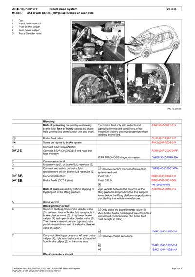 Brake system bleeding locations and procedure steps for Smart Fortwo 454 rear disk brakes.