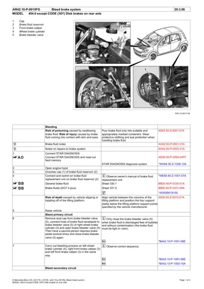 Brake bleeding diagram showing cap, fluid reservoir, calipers, cylinders, and bleeder valve locations on Smart 454.