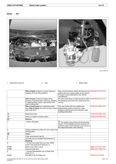 Engine bay showing brake fluid reservoir with numbered callouts and bleeding procedure instructions table.
