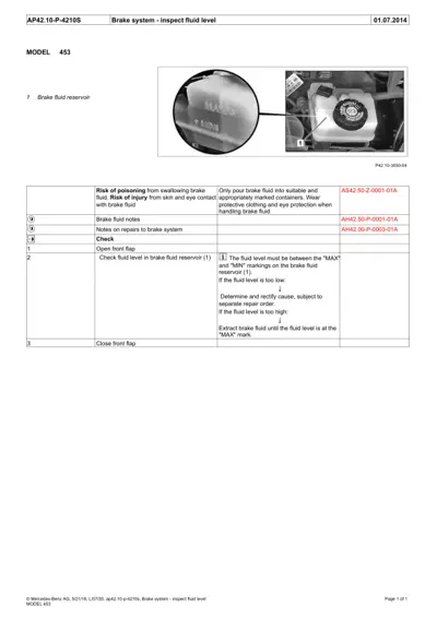 Brake fluid reservoir location and fluid level check instructions for model 453.