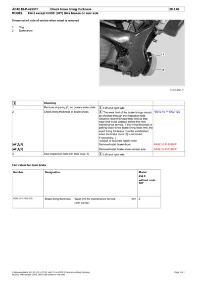 Drum brake assembly with callout labels showing plug and brake drum, inspection procedure table below.