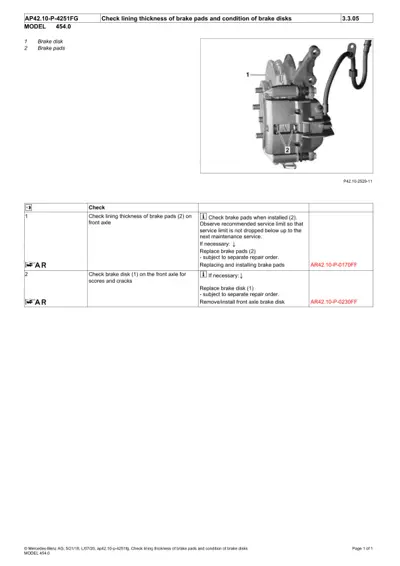 Brake caliper assembly showing brake disk and brake pads with numbered callouts and service procedure table.