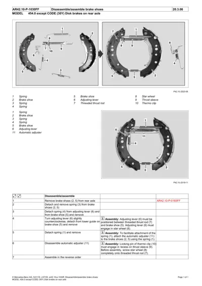 Exploded view diagram of drum brake shoes, springs, adjusting lever, and thrust rod components with assembly sequence.