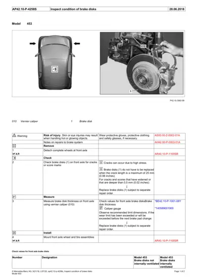Smart 453 top view and front brake caliper with disk inspection callouts
