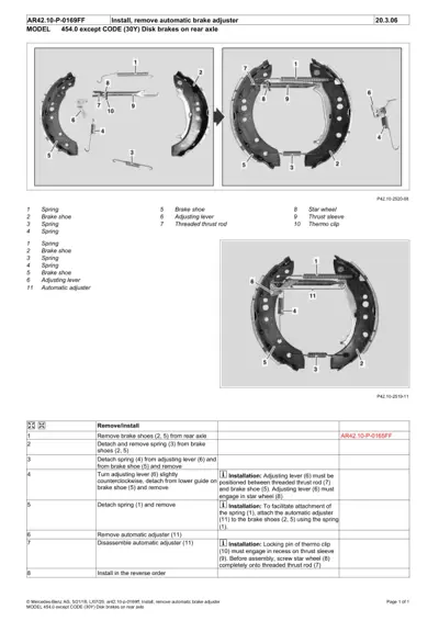 Exploded view of rear brake shoe assembly with 11 numbered components and removal/installation procedure table.