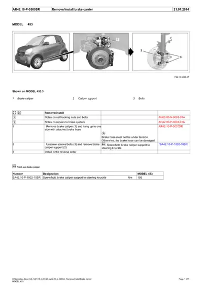 Three-step brake carrier service diagram for Smart 453 showing disassembly sequence and components.